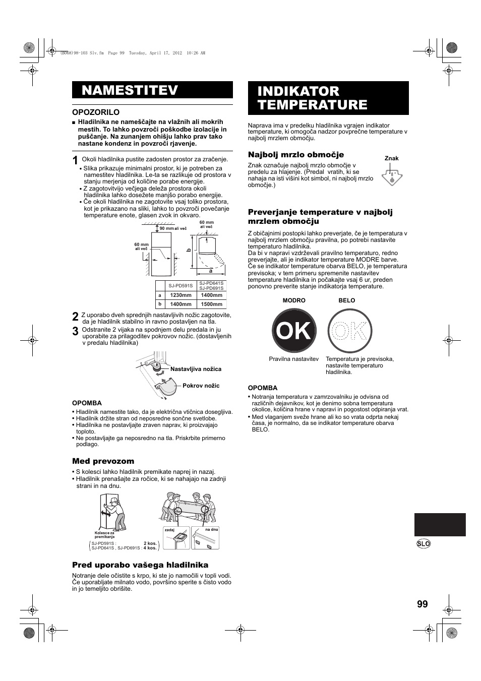 Namestitev, Opozorilo, Indikator temperature | Sharp SJ-PD691SB User Manual | Page 99 / 116