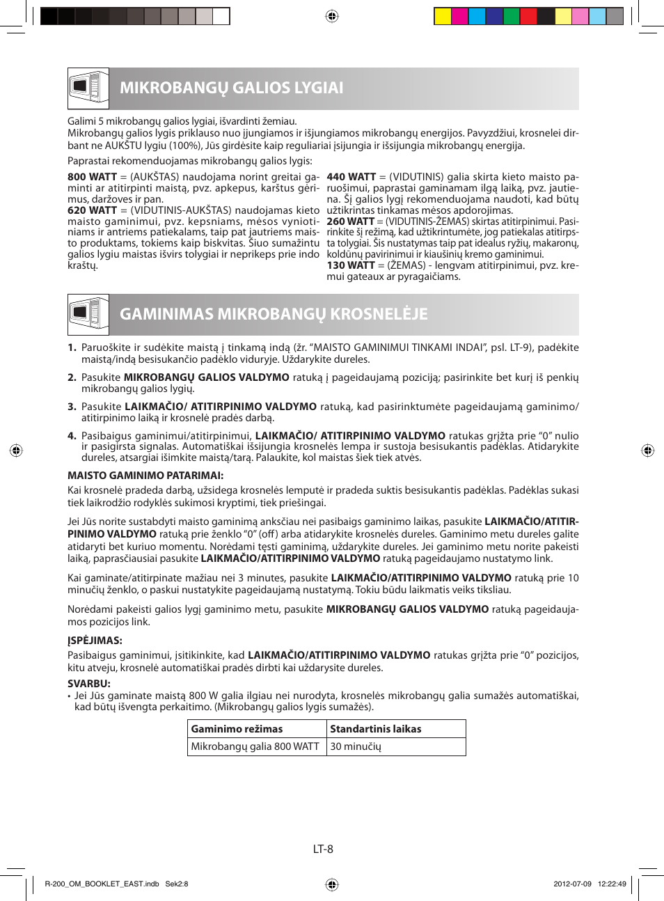 Mikrobangų galios lygiai, Gaminimas mikrobangų krosnelėje | Sharp R-200WE User Manual | Page 100 / 144