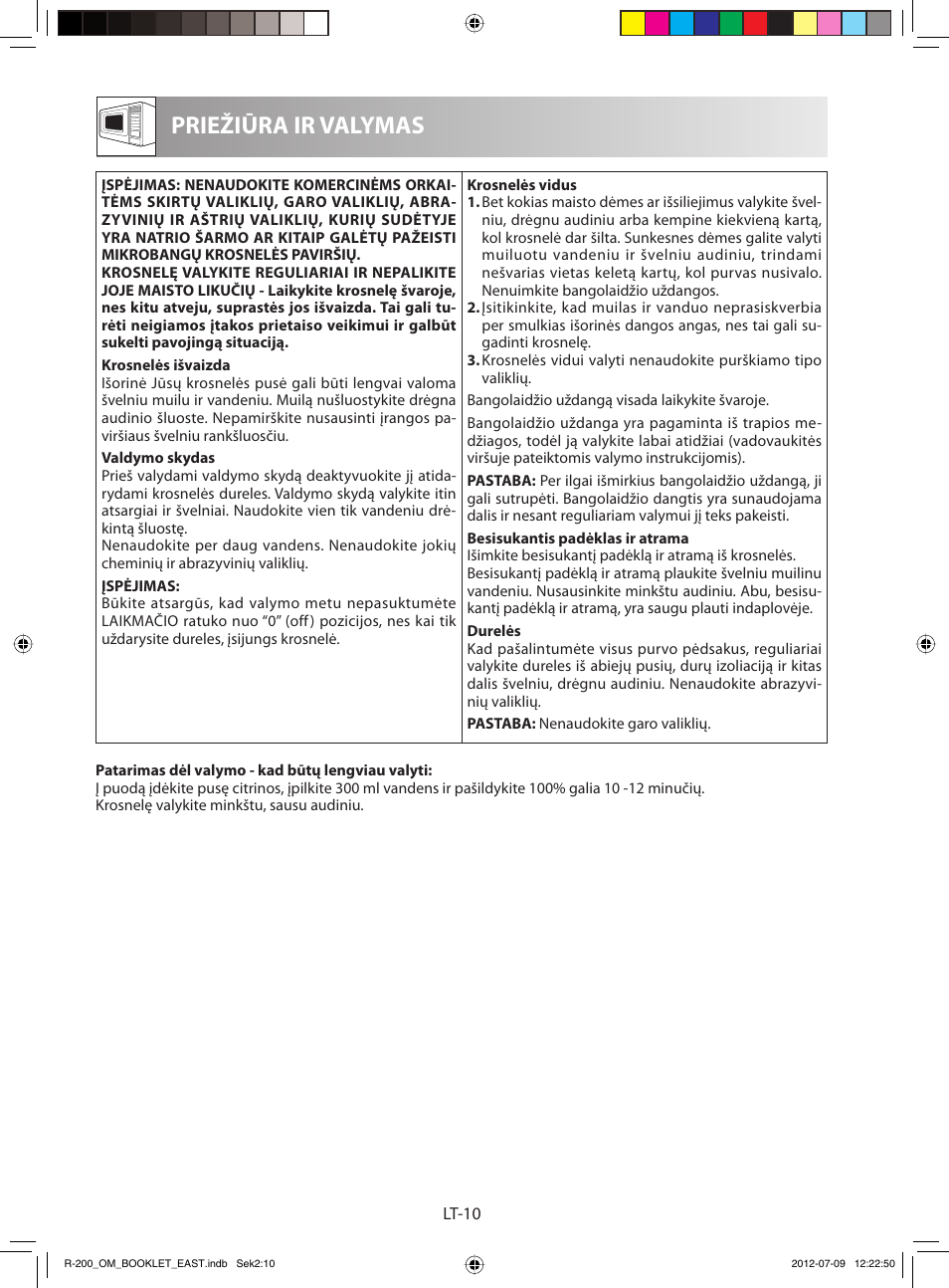 Priežiūra ir valymas | Sharp R-200WE User Manual | Page 102 / 144
