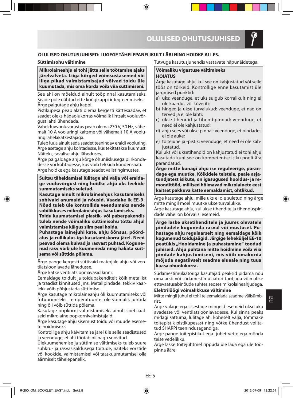 Olulised ohutusjuhised | Sharp R-200WE User Manual | Page 107 / 144