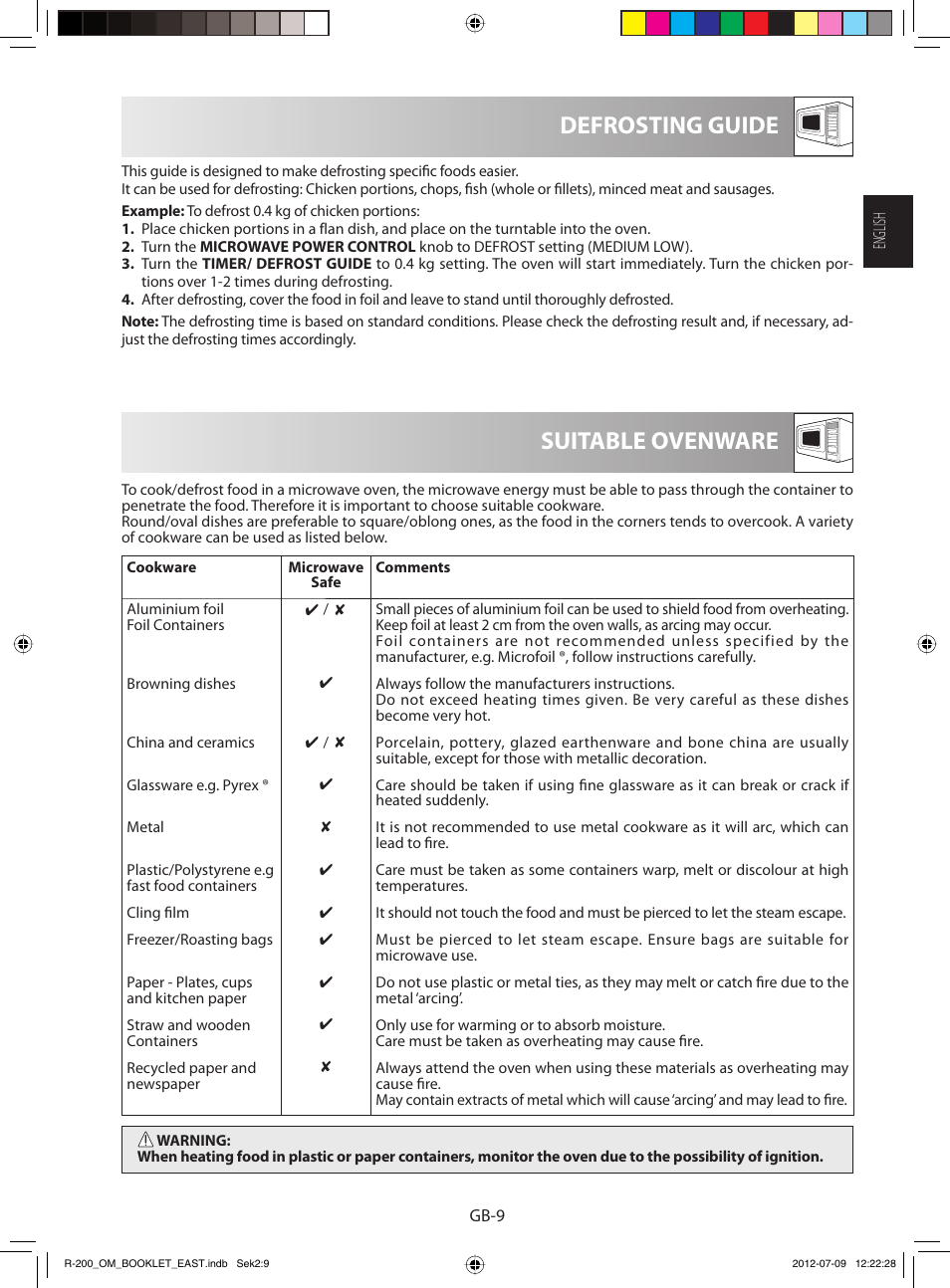 Suitable ovenware defrosting guide | Sharp R-200WE User Manual | Page 11 / 144
