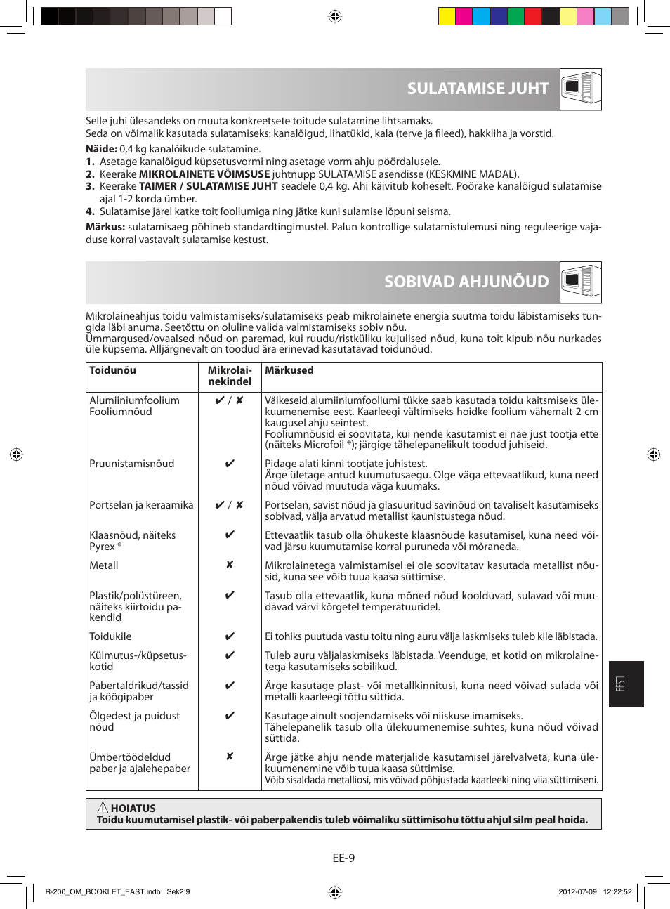 Sobivad ahjunõud sulatamise juht | Sharp R-200WE User Manual | Page 111 / 144