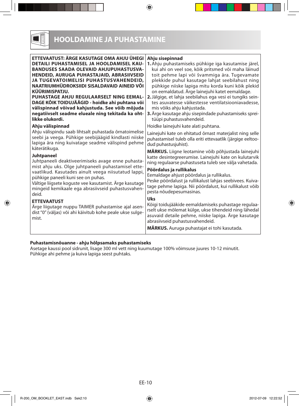 Hooldamine ja puhastamine | Sharp R-200WE User Manual | Page 112 / 144