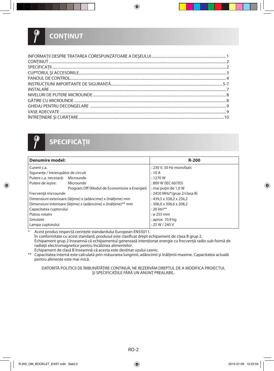Specificaţii conţinut | Sharp R-200WE User Manual | Page 124 / 144