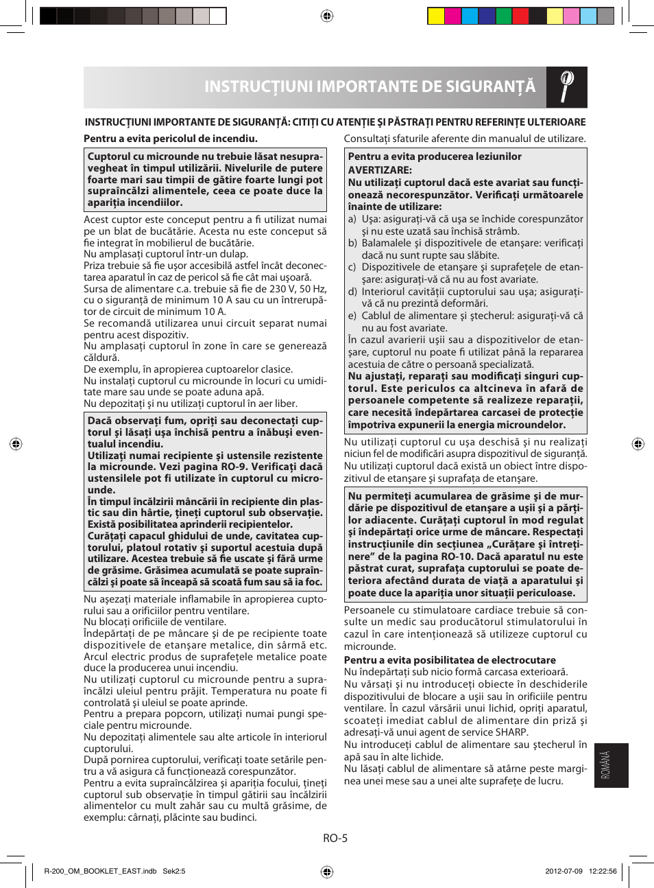 Instrucţiuni importante de siguranţă | Sharp R-200WE User Manual | Page 127 / 144