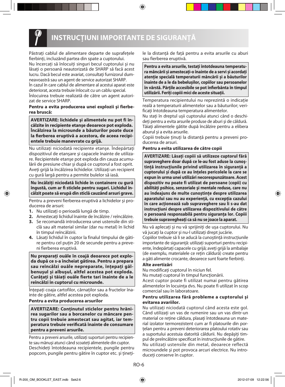 Instrucţiuni importante de siguranţă | Sharp R-200WE User Manual | Page 128 / 144