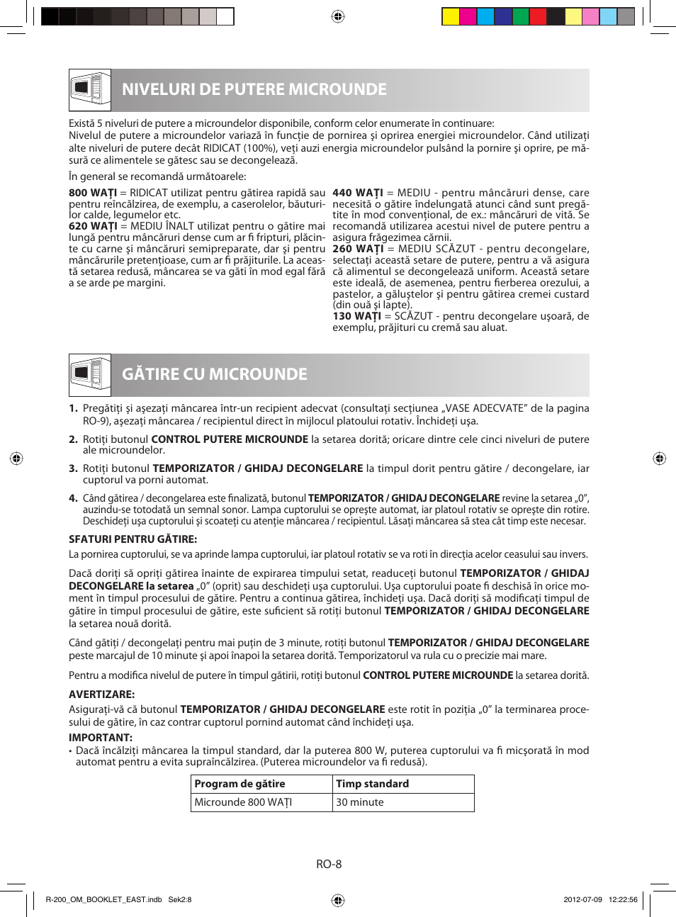 Niveluri de putere microunde, Gătire cu microunde | Sharp R-200WE User Manual | Page 130 / 144
