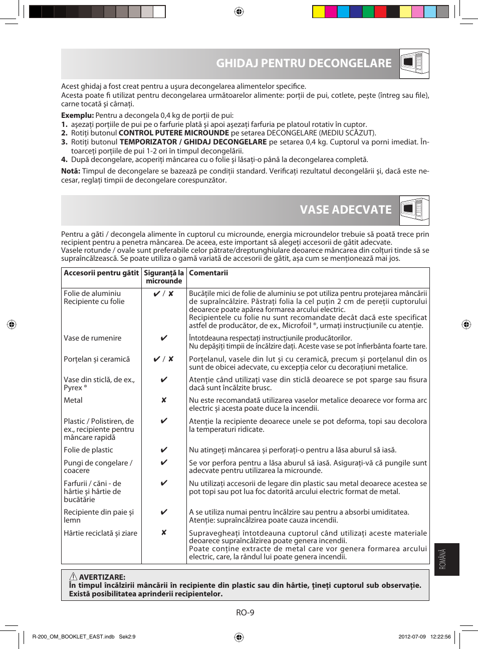 Vase adecvate ghidaj pentru decongelare | Sharp R-200WE User Manual | Page 131 / 144