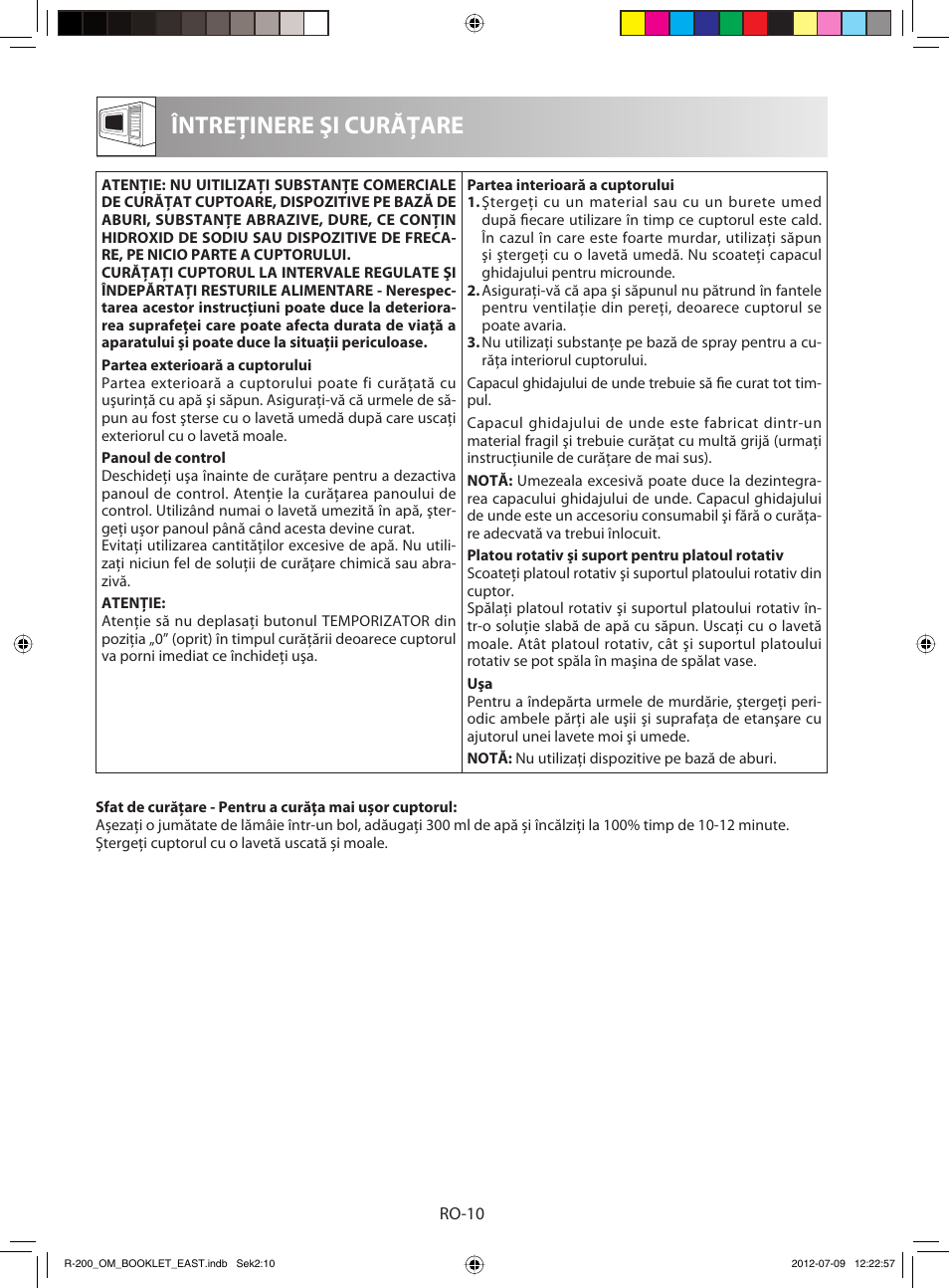 Întreţinere şi curăţare | Sharp R-200WE User Manual | Page 132 / 144