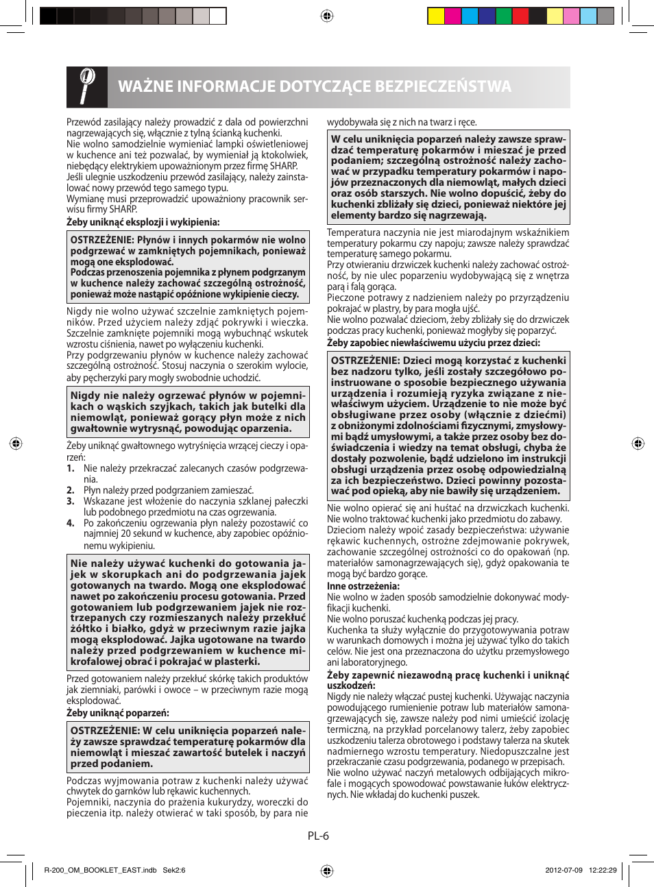 Ważne informacje dotyczące bezpieczeństwa | Sharp R-200WE User Manual | Page 18 / 144