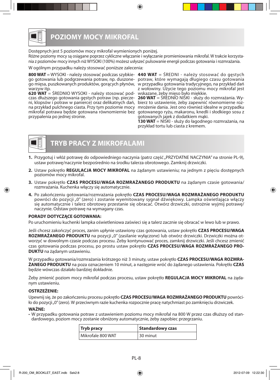 Poziomy mocy mikrofal, Tryb pracy z mikrofalami | Sharp R-200WE User Manual | Page 20 / 144