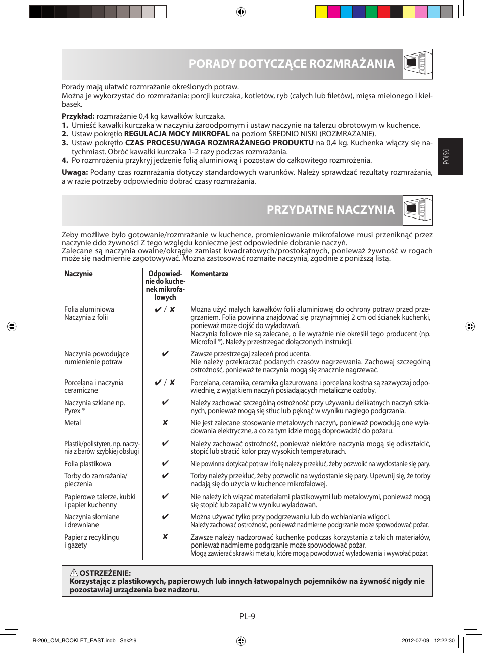 Przydatne naczynia porady dotyczące rozmrażania | Sharp R-200WE User Manual | Page 21 / 144