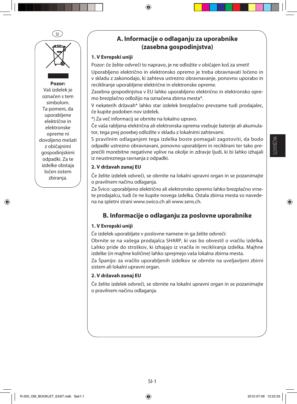 B. informacije o odlaganju za poslovne uporabnike | Sharp R-200WE User Manual | Page 33 / 144