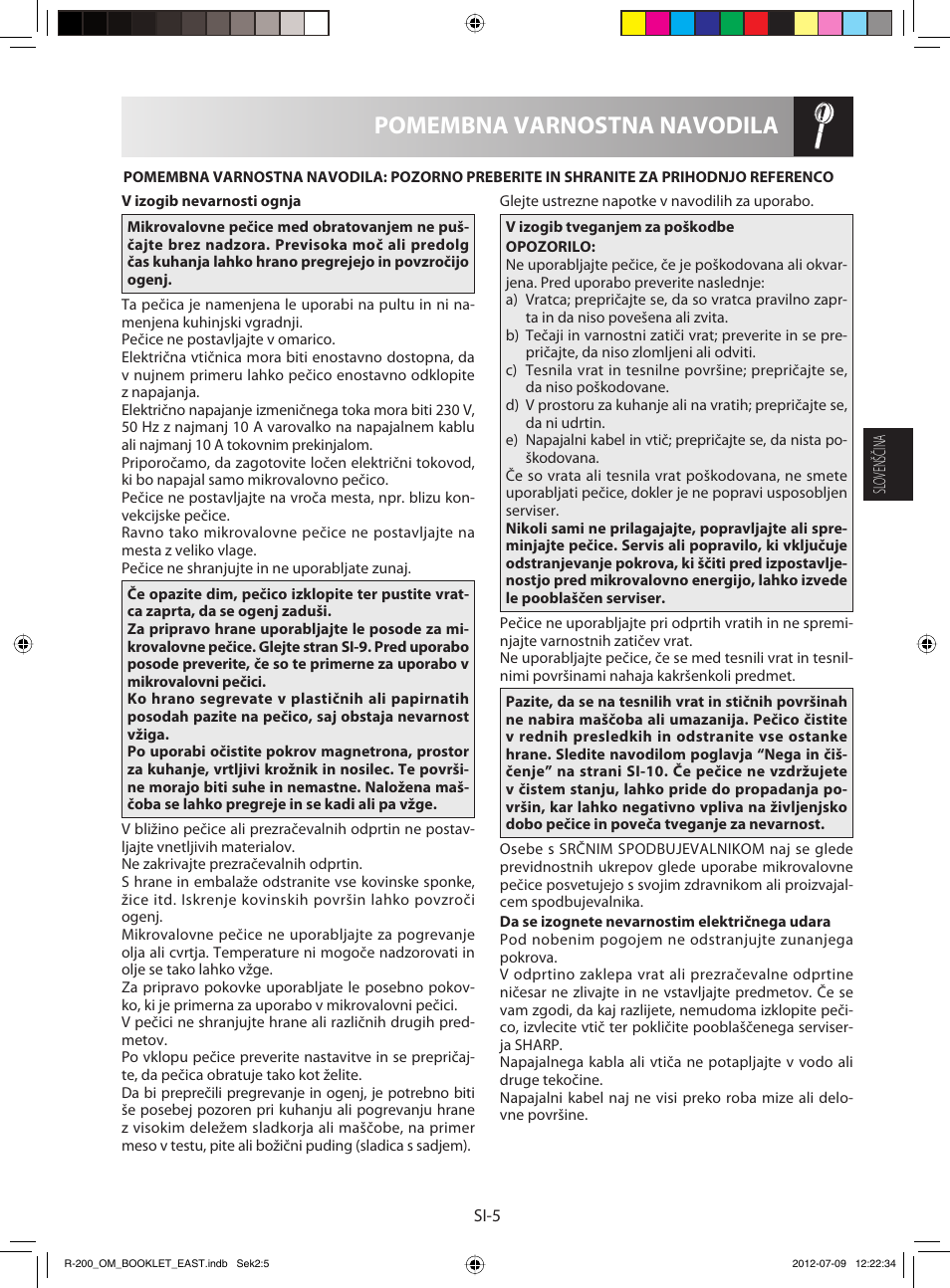 Pomembna varnostna navodila | Sharp R-200WE User Manual | Page 37 / 144