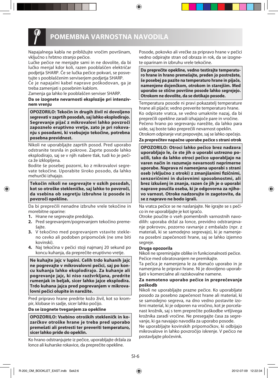 Pomembna varnostna navodila | Sharp R-200WE User Manual | Page 38 / 144