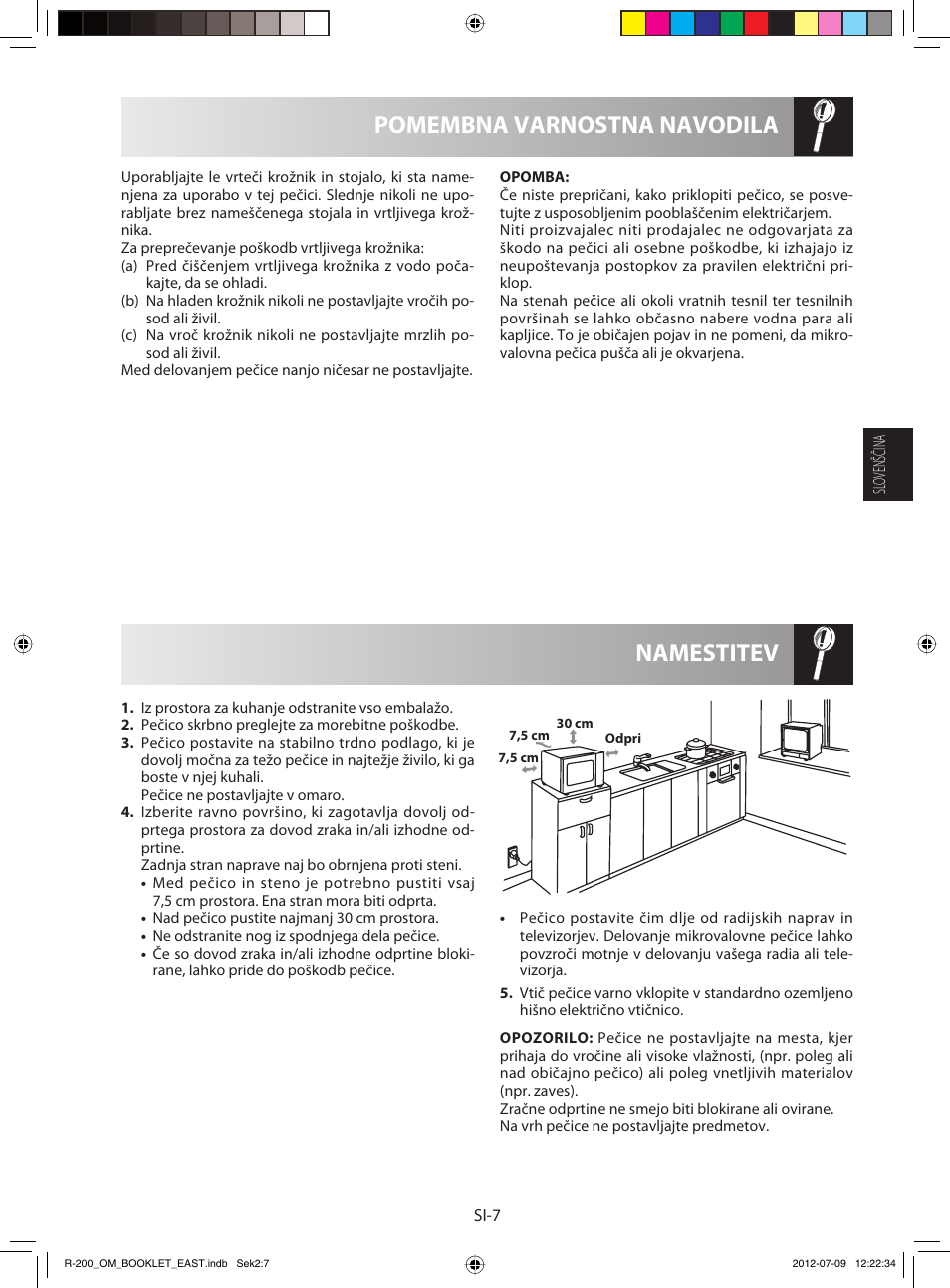 Namestitev pomembna varnostna navodila | Sharp R-200WE User Manual | Page 39 / 144