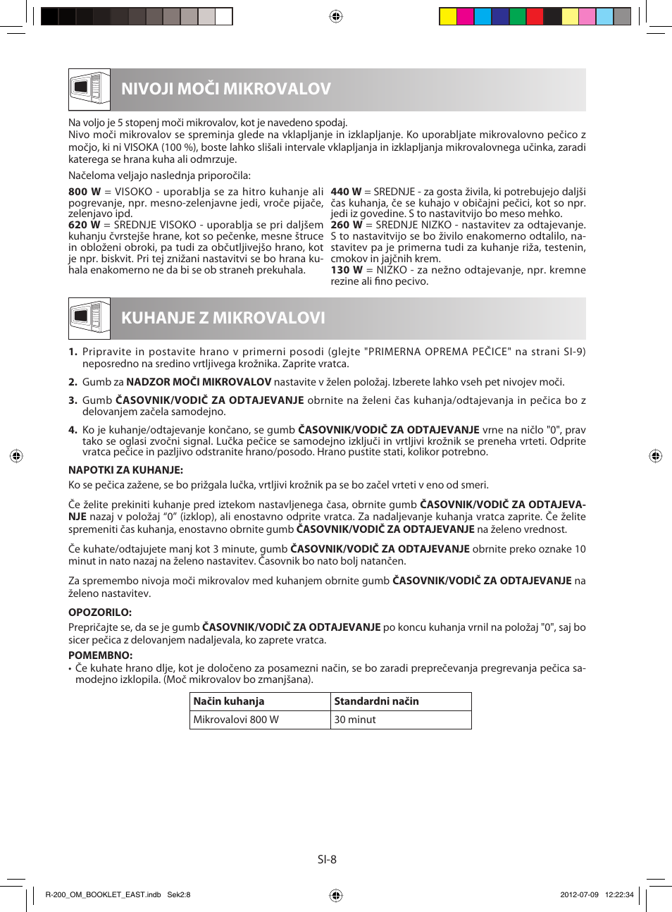 Nivoji moči mikrovalov, Kuhanje z mikrovalovi | Sharp R-200WE User Manual | Page 40 / 144