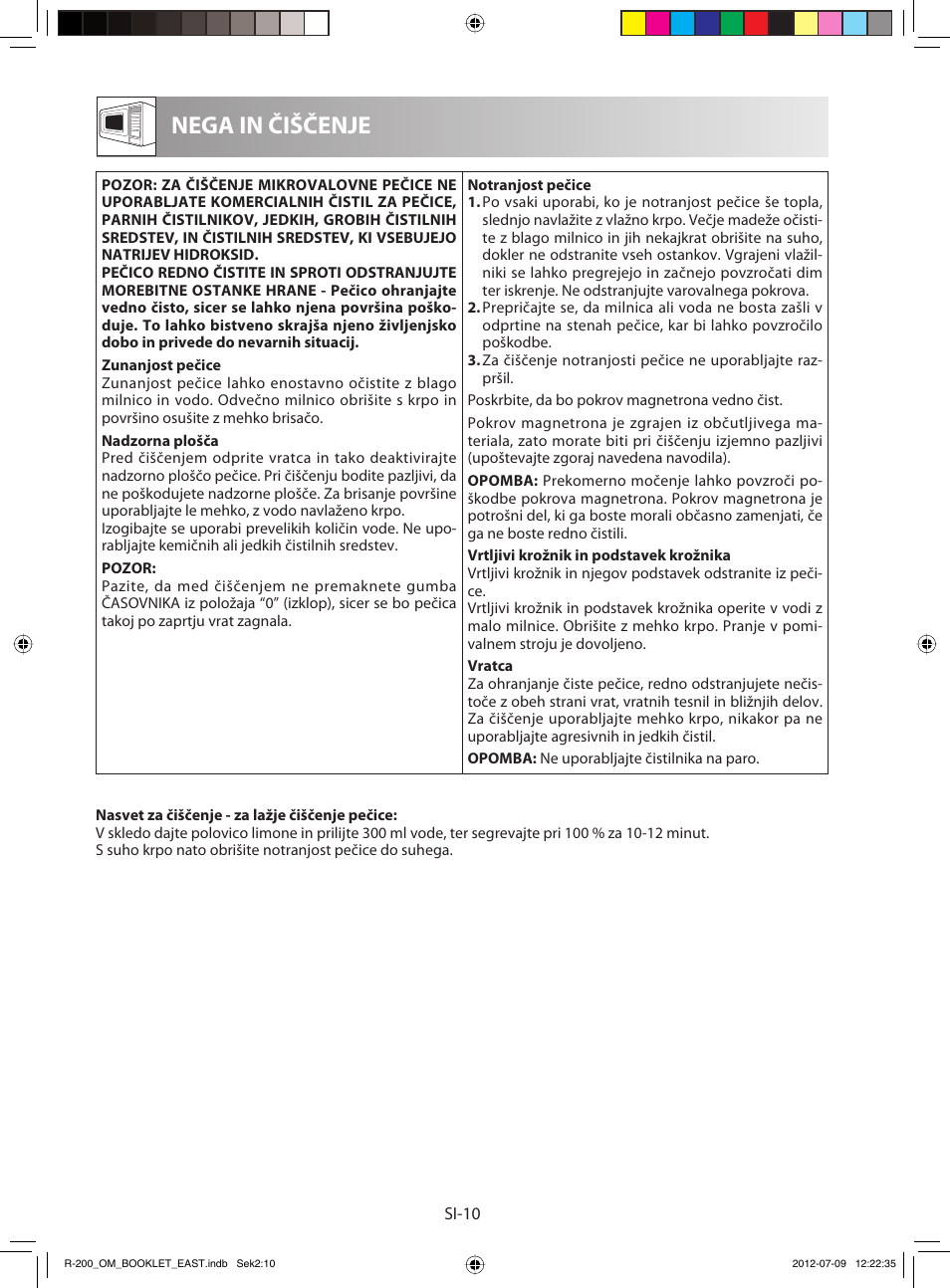 Nega in čiščenje | Sharp R-200WE User Manual | Page 42 / 144