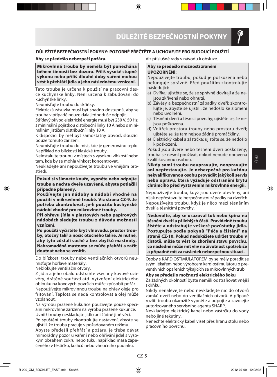 Důležité bezpečnostní pokyny | Sharp R-200WE User Manual | Page 47 / 144