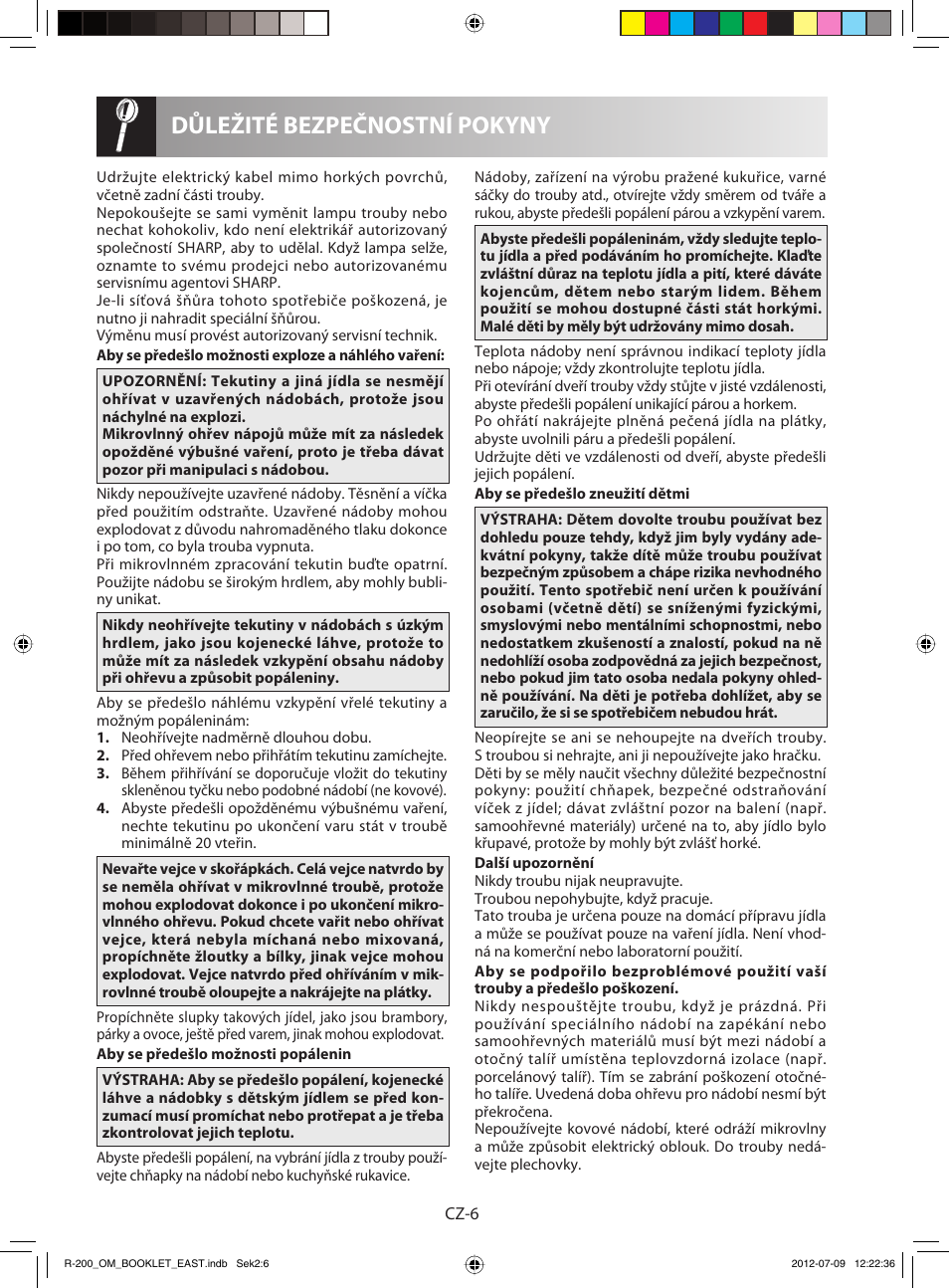 Důležité bezpečnostní pokyny | Sharp R-200WE User Manual | Page 48 / 144