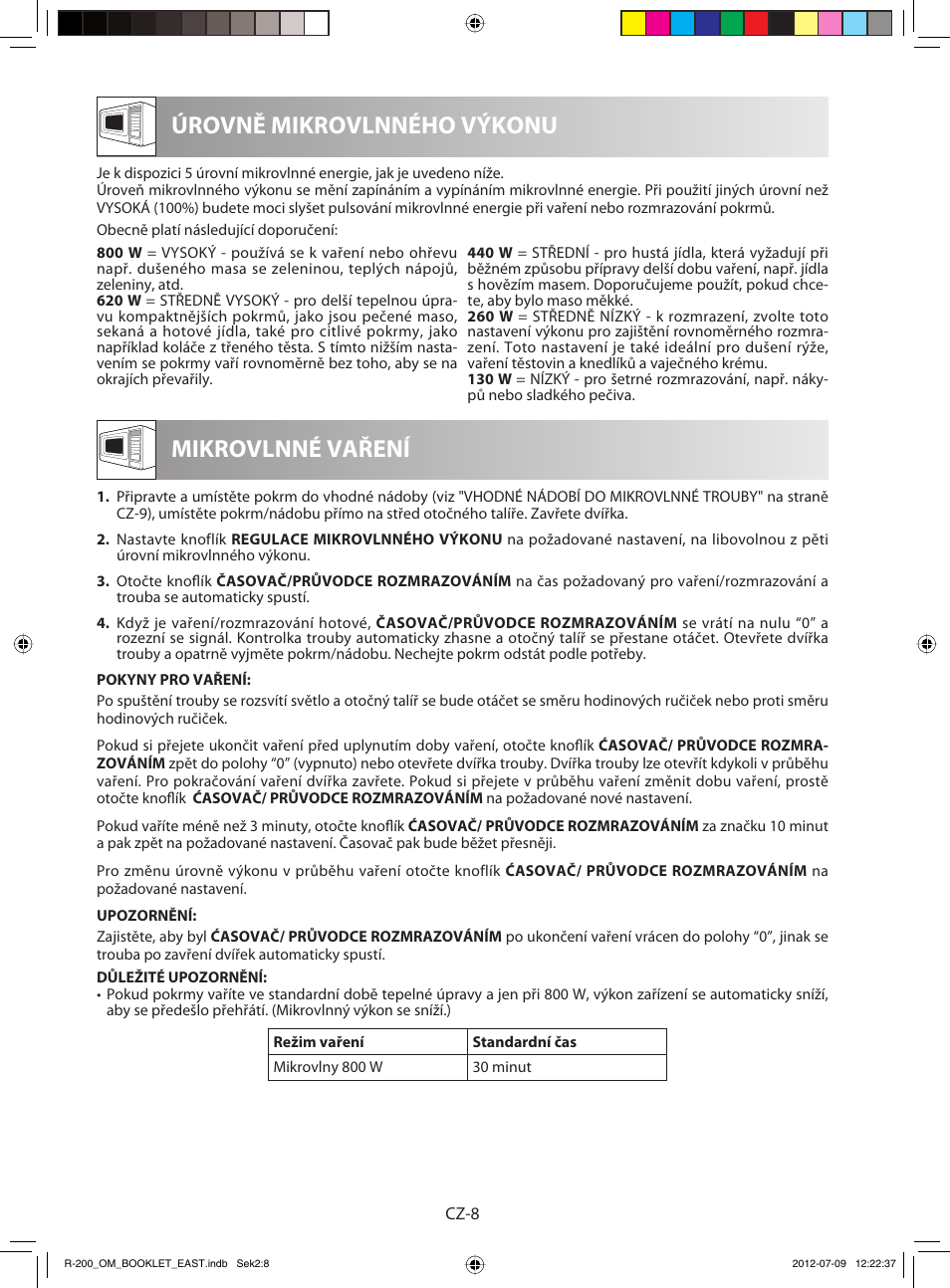Úrovně mikrovlnného výkonu, Mikrovlnné vaření | Sharp R-200WE User Manual | Page 50 / 144