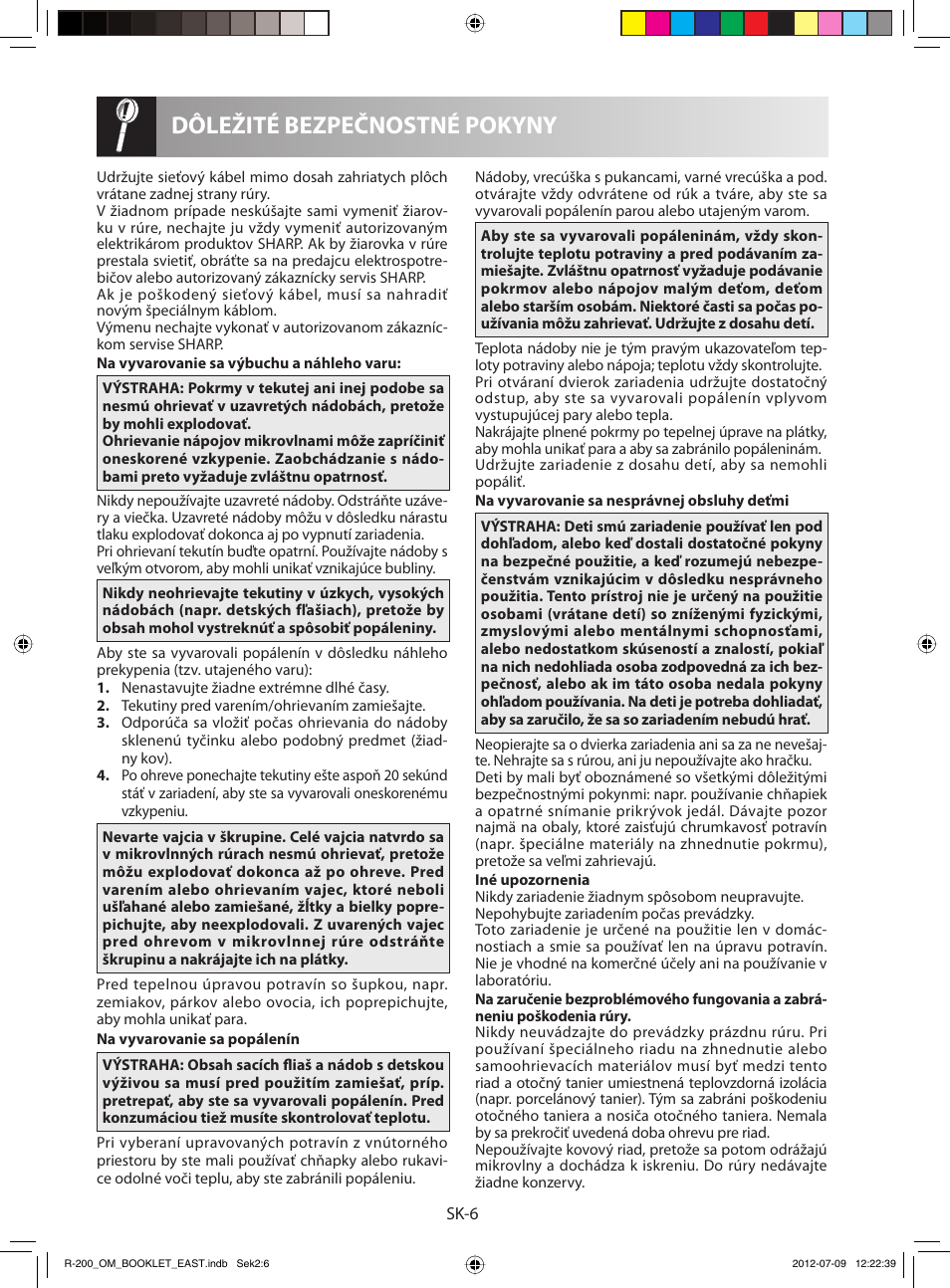 Dôležité bezpečnostné pokyny | Sharp R-200WE User Manual | Page 58 / 144