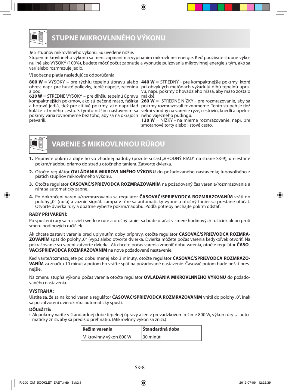 Stupne mikrovlnného výkonu, Varenie s mikrovlnnou rúrou | Sharp R-200WE User Manual | Page 60 / 144