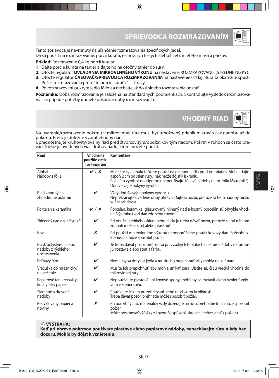 Vhodný riad sprievodca rozmrazovaním | Sharp R-200WE User Manual | Page 61 / 144