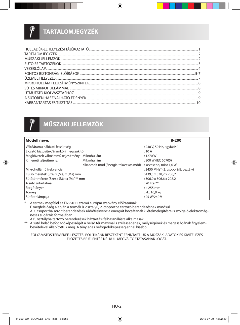 Műszaki jellemzők tartalomjegyzék | Sharp R-200WE User Manual | Page 64 / 144
