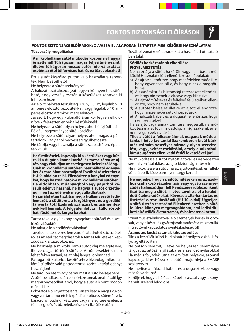 Fontos biztonsági előírások | Sharp R-200WE User Manual | Page 67 / 144