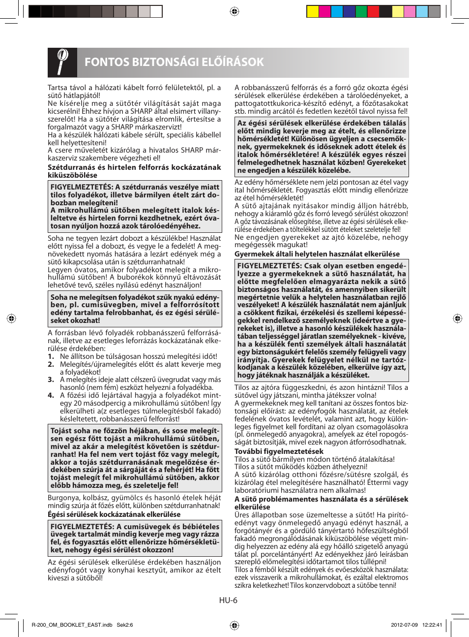 Fontos biztonsági előírások | Sharp R-200WE User Manual | Page 68 / 144