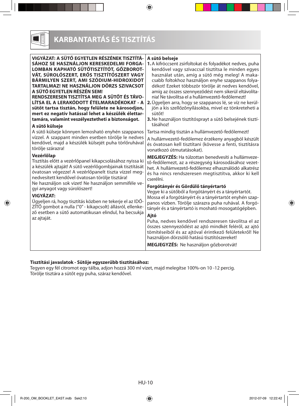 Karbantartás és tisztítás | Sharp R-200WE User Manual | Page 72 / 144