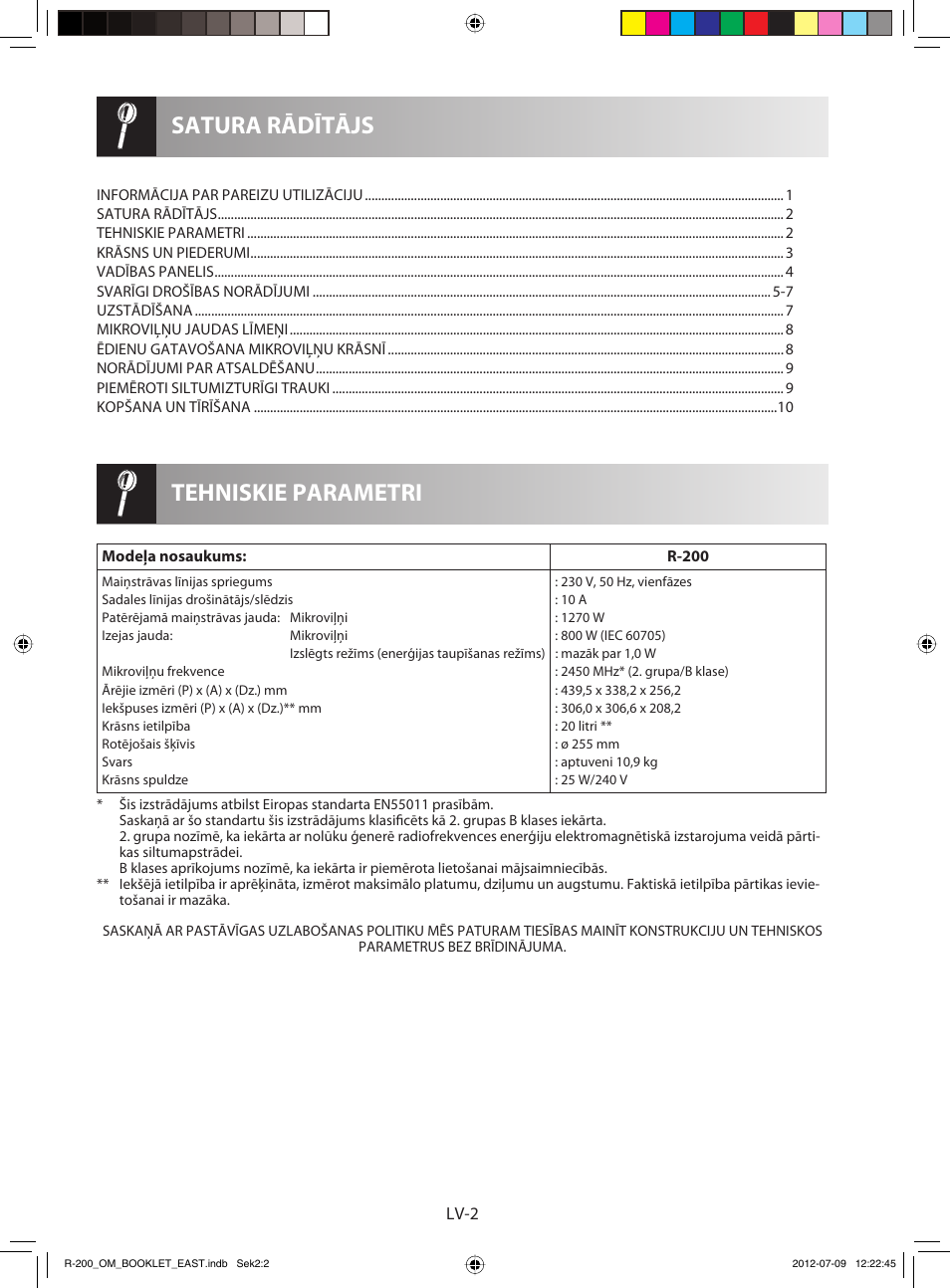 Tehniskie parametri satura rādītājs | Sharp R-200WE User Manual | Page 84 / 144