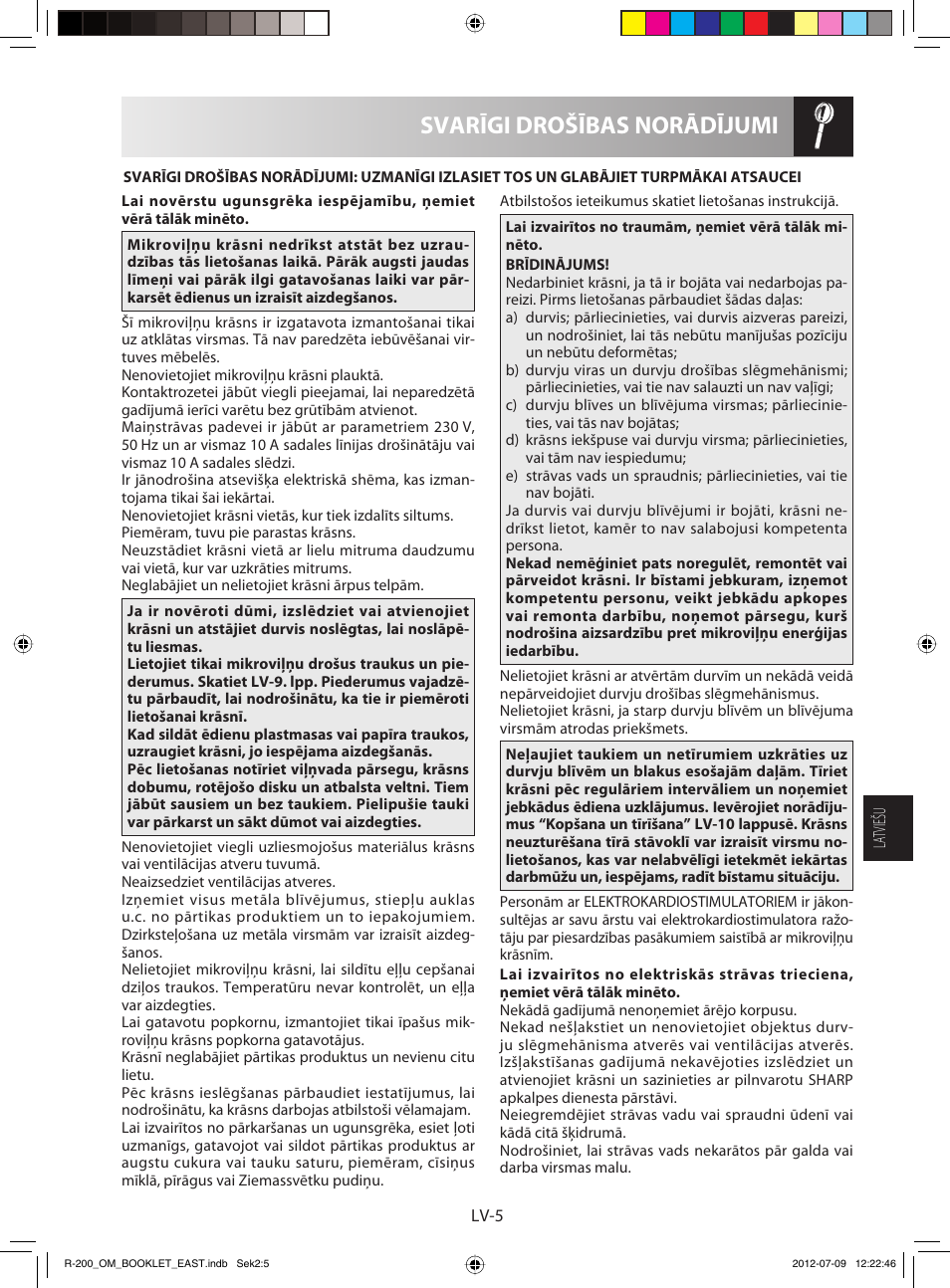 Svarīgi drošības norādījumi | Sharp R-200WE User Manual | Page 87 / 144