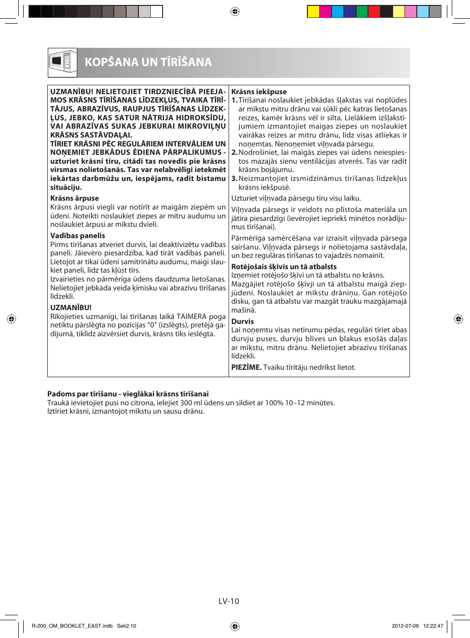 Kopšana un tīrīšana | Sharp R-200WE User Manual | Page 92 / 144