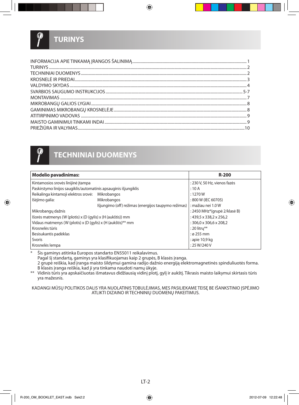 Techniniai duomenys turinys | Sharp R-200WE User Manual | Page 94 / 144
