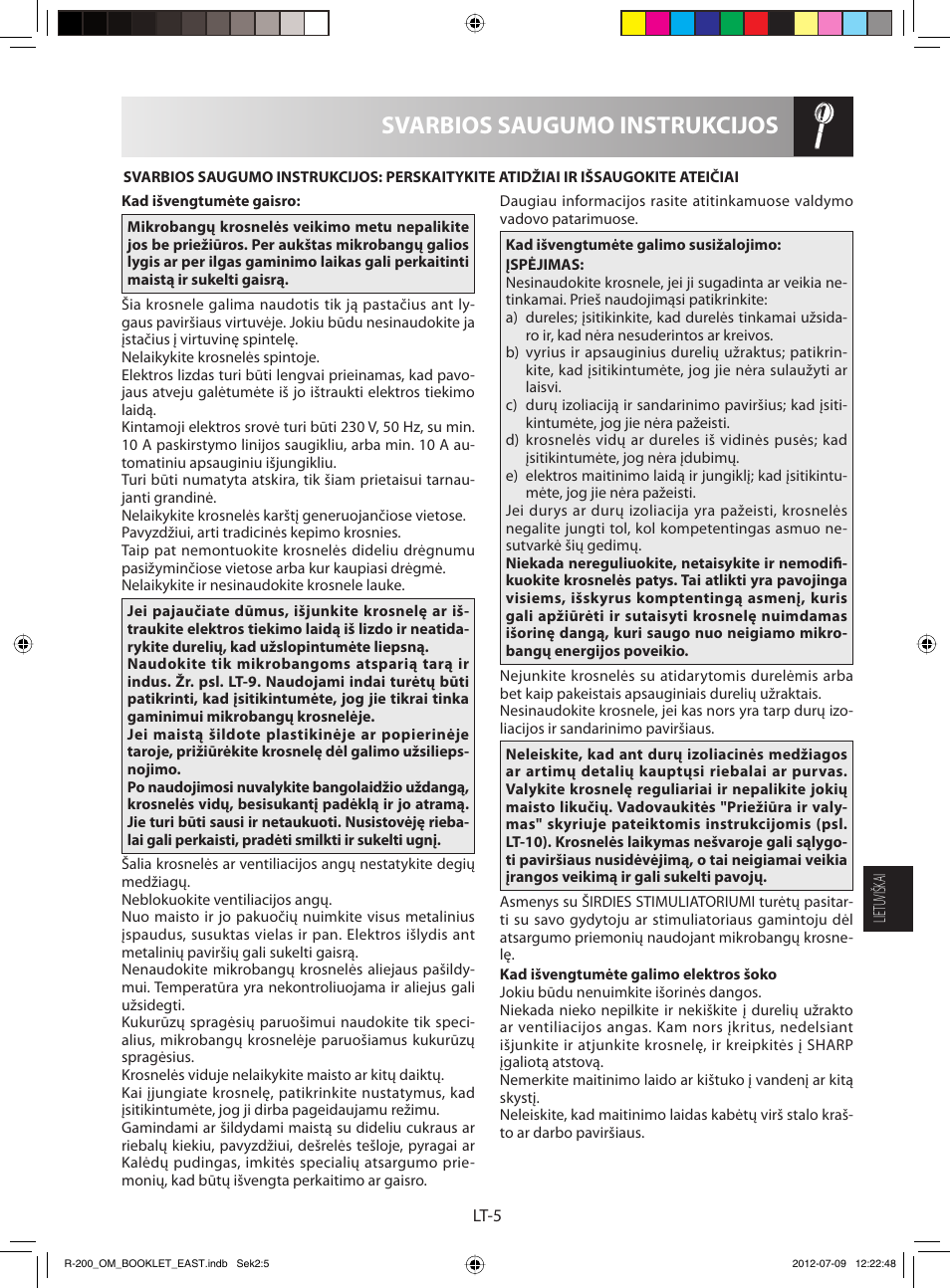 Svarbios saugumo instrukcijos | Sharp R-200WE User Manual | Page 97 / 144