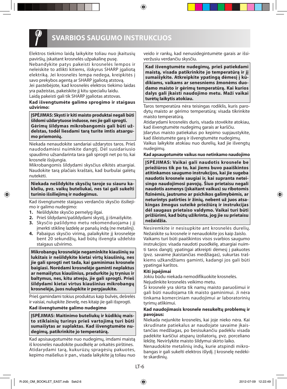 Svarbios saugumo instrukcijos | Sharp R-200WE User Manual | Page 98 / 144