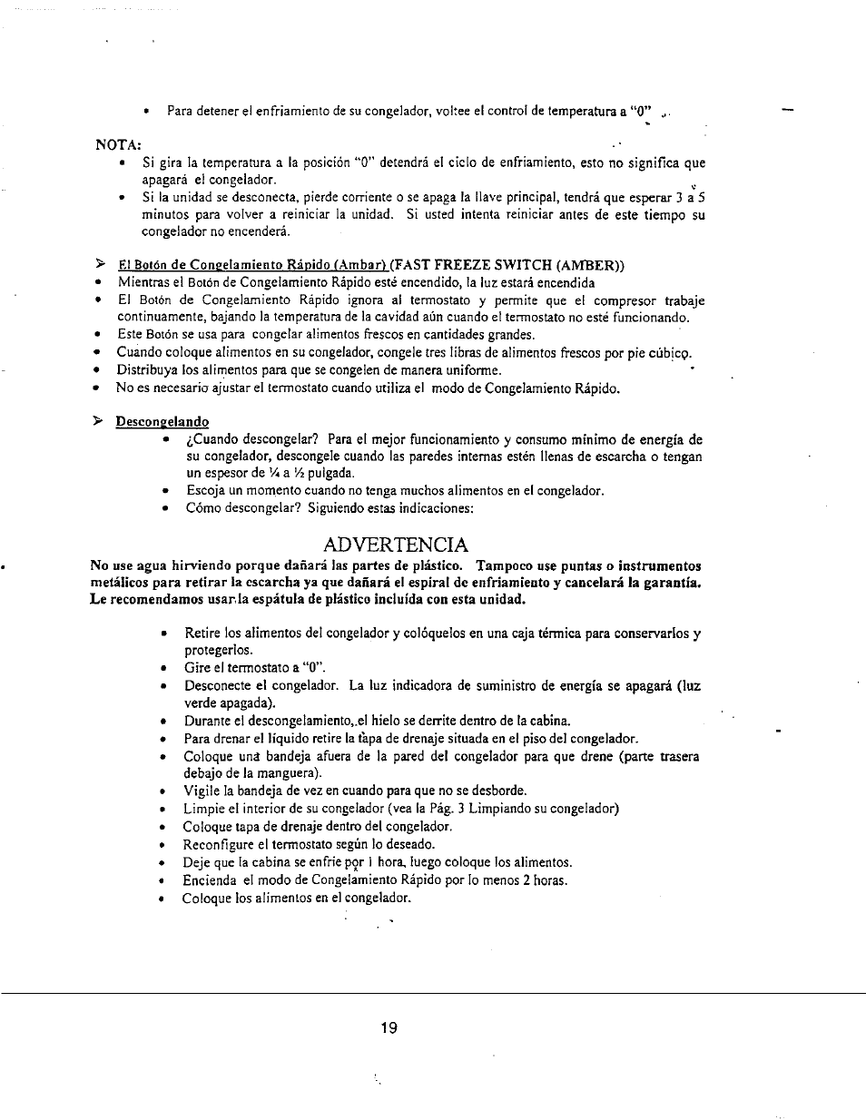 Descongelando, Advertencia | Avanti MAGIC COOL CF51P User Manual | Page 17 / 22