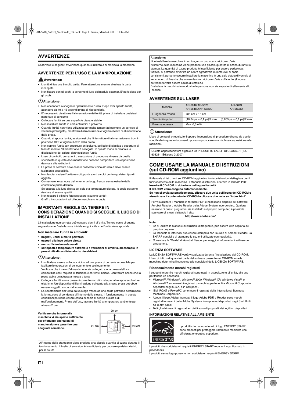 Avvertenze, Avvertenze per l'uso e la manipolazione, Avvertenze sul laser | Sharp AR-5618 User Manual | Page 10 / 36