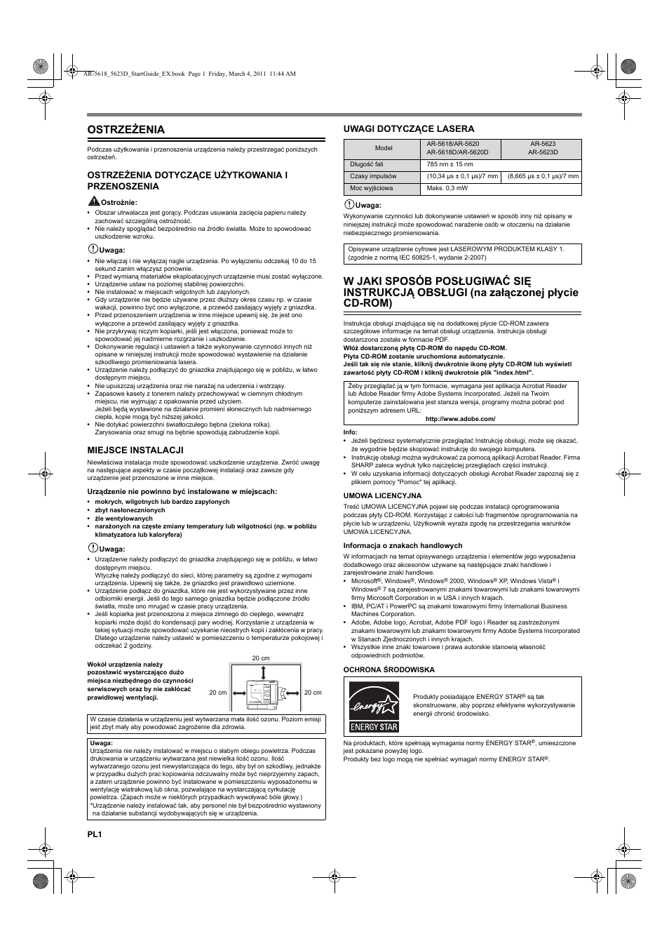 Ostrzeżenia, Ostrzeżenia dotyczące użytkowania i przenoszenia, Miejsce instalacji | Uwagi dotyczące lasera | Sharp AR-5618 User Manual | Page 14 / 36