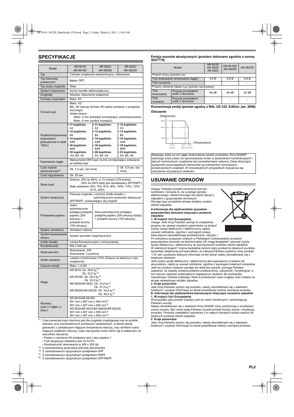 Specyfikacje, Usuwanie odpadów | Sharp AR-5618 User Manual | Page 15 / 36