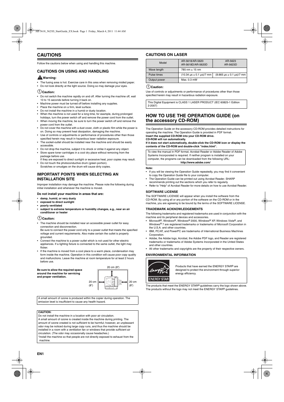 Cautions, Cautions on using and handling, Cautions on laser | Sharp AR-5618 User Manual | Page 2 / 36