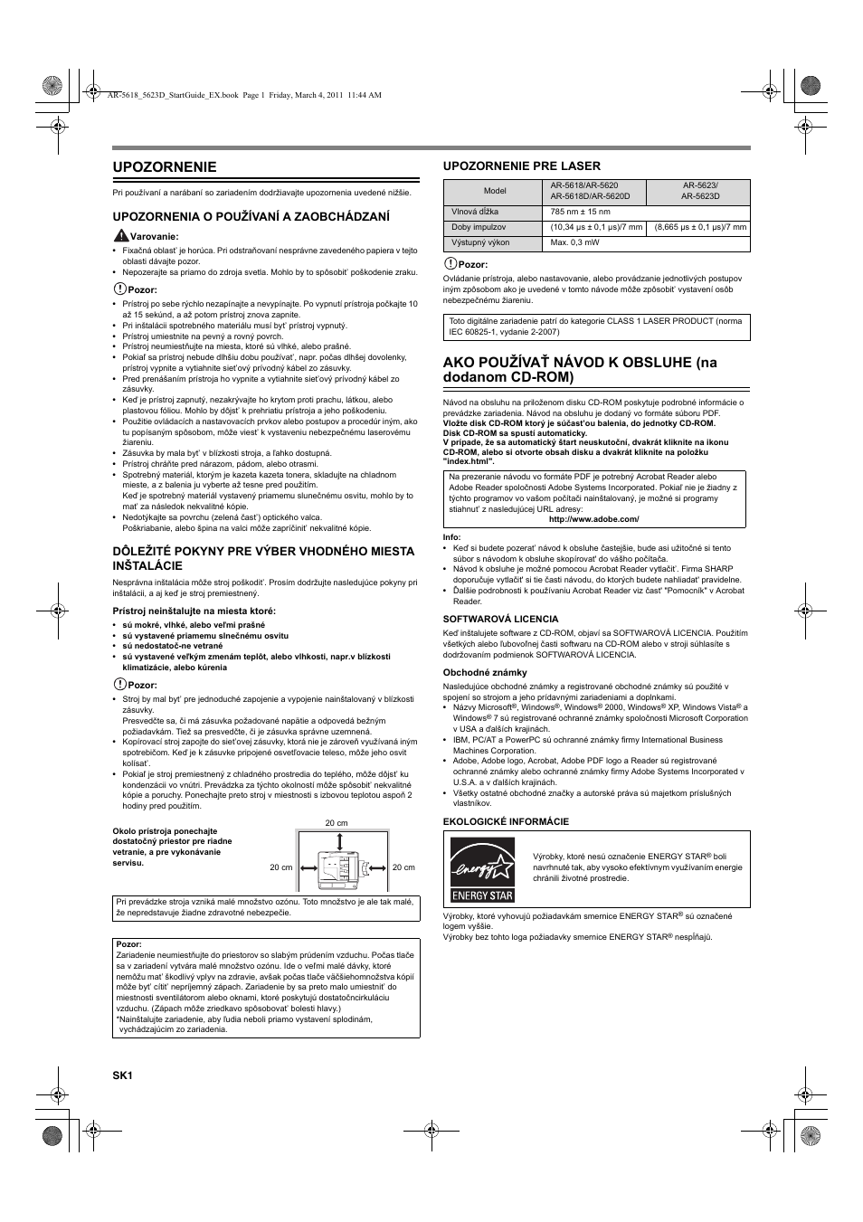 Upozornenie, Ako používať návod k obsluhe (na dodanom cd-rom), Upozornenia o používaní a zaobchádzaní | Upozornenie pre laser | Sharp AR-5618 User Manual | Page 26 / 36