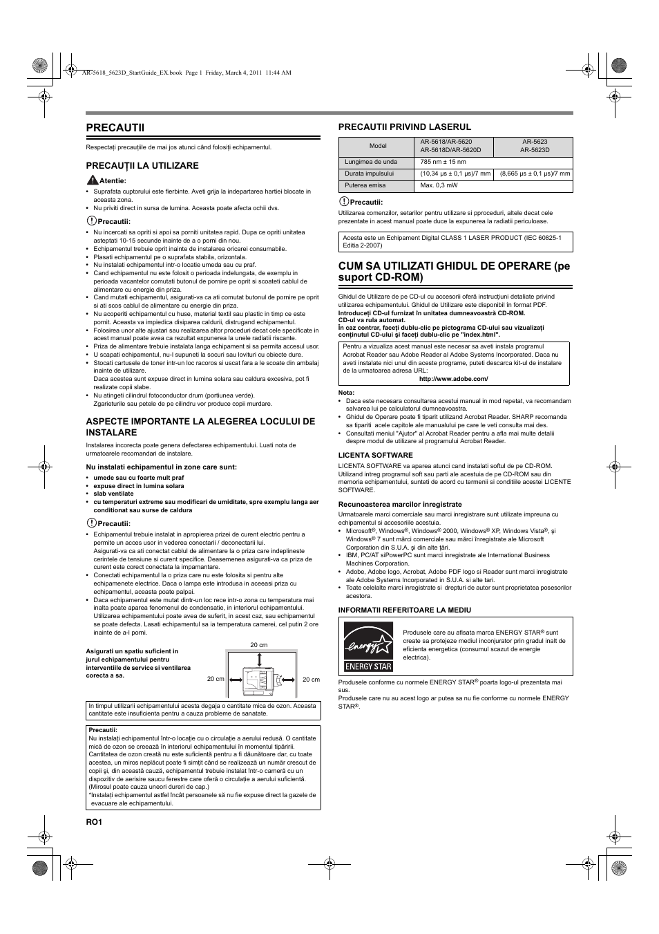 Precautii, Precauţii la utilizare, Precautii privind laserul | Sharp AR-5618 User Manual | Page 28 / 36