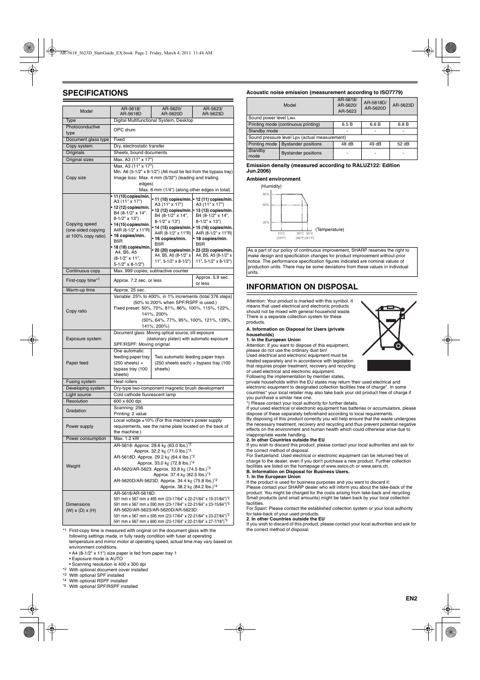 Specifications, Information on disposal | Sharp AR-5618 User Manual | Page 3 / 36