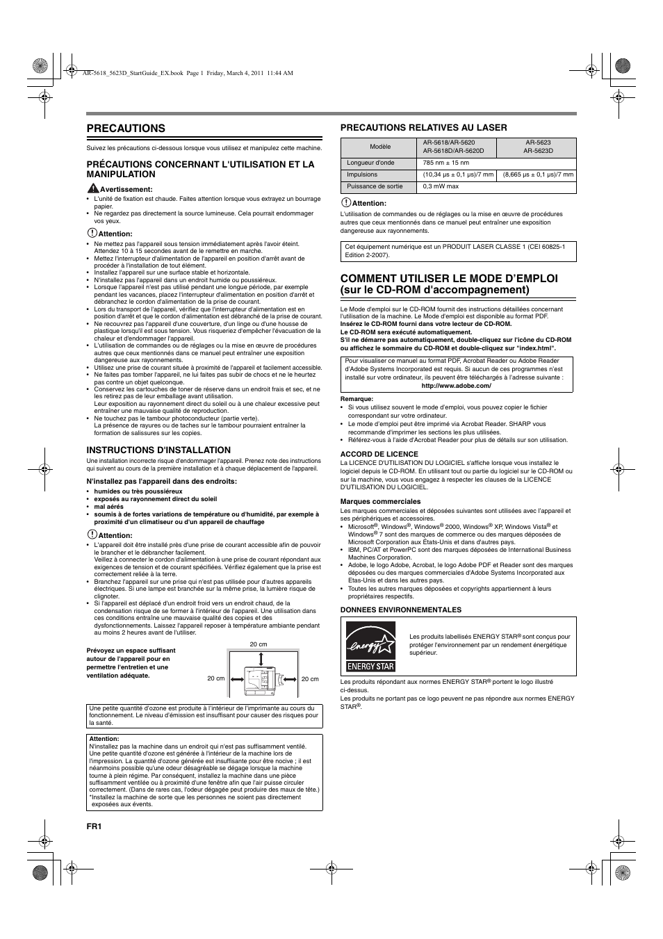 Precautions, Instructions d'installation, Precautions relatives au laser | Sharp AR-5618 User Manual | Page 4 / 36