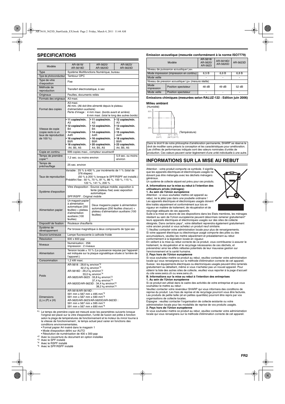 Specifications, Informations sur la mise au rebut | Sharp AR-5618 User Manual | Page 5 / 36