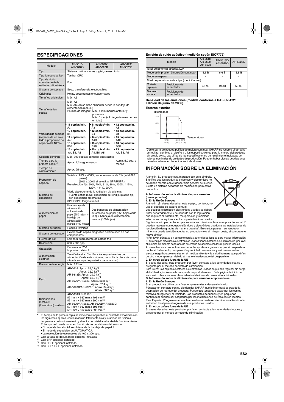 Especificaciones, Información sobre la eliminación | Sharp AR-5618 User Manual | Page 7 / 36