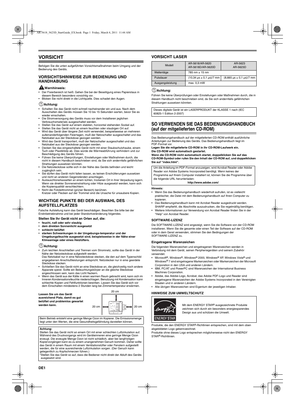 Vorsicht, Vorsichtshinweise zur bedienung und handhabung, Vorsicht laser | Sharp AR-5618 User Manual | Page 8 / 36